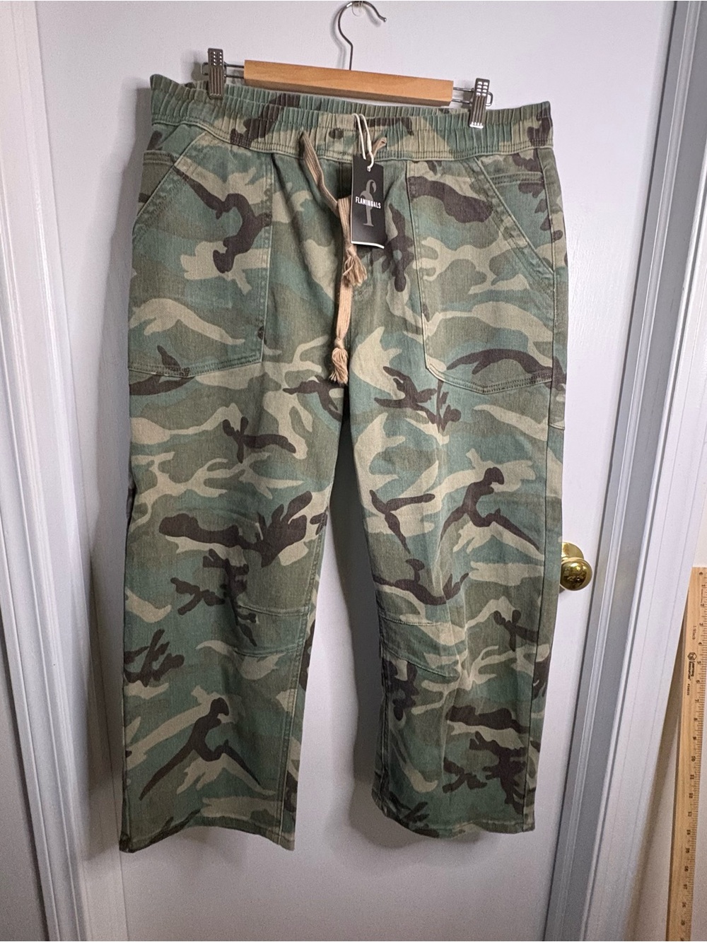 Flamingals NWT Sz 3XL Camo Drawstring Barrel Leg Cargo Pants Pockets Cotton